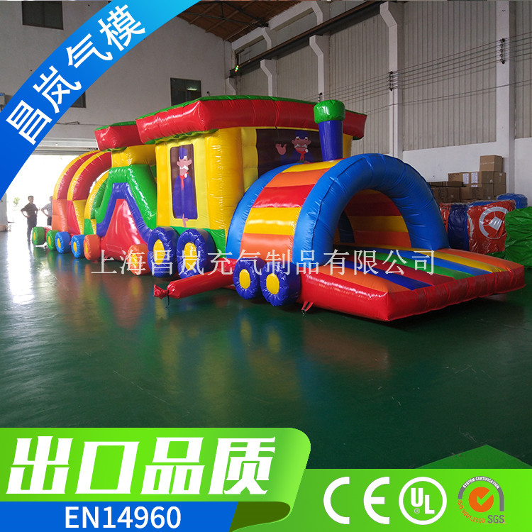 厂家直供 小火车充气城堡 儿童趣味火车充气障碍闯关 小型卡通陆地充气闯关通道 inflatable train tunnel obstacle game amusement park fun city bouncer slide for kids