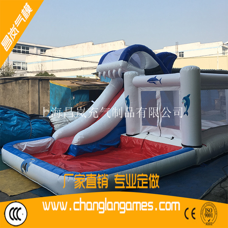 厂家直销鲨鱼充气滑梯水池跳床组合 inflatable shark slide bouncer pool combo